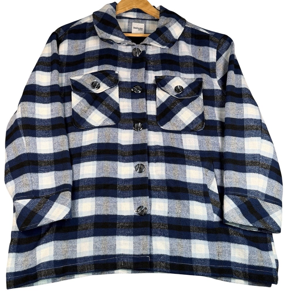 Kensie Blue Plaid Women's Shacket‎ XL Cozy Cabin Core Fall Layering Jacket